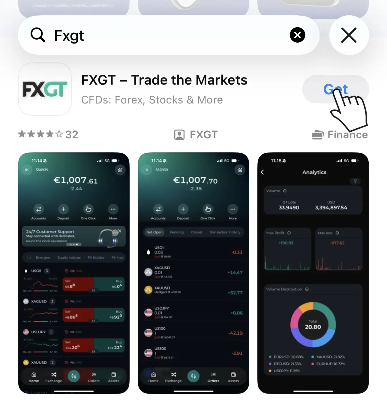 App Storeでfxgtと検索してFXGT Trade the Marketsをインストール