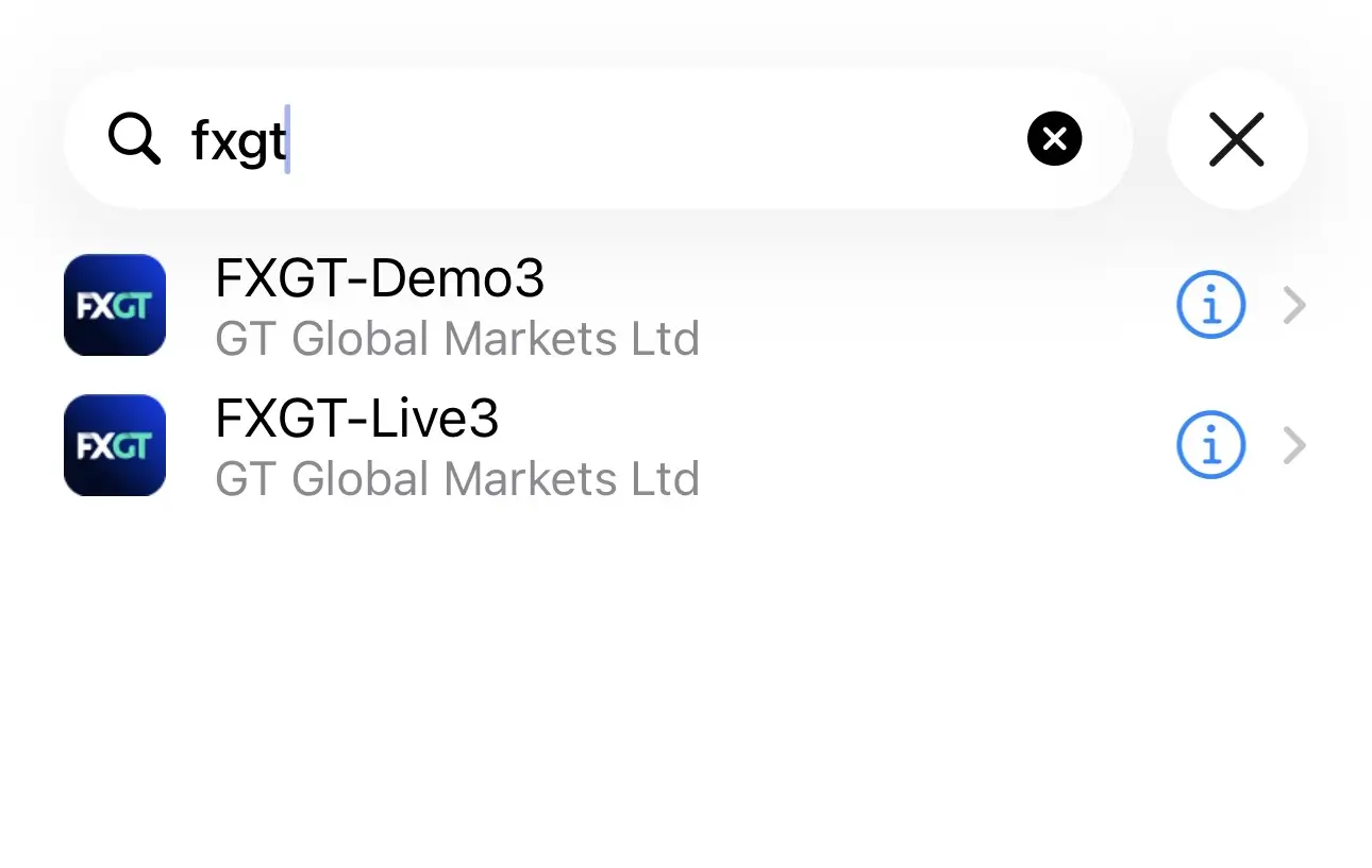 MT4アプリの業者検索でfxgtと入力しFXGTのサーバーを表示