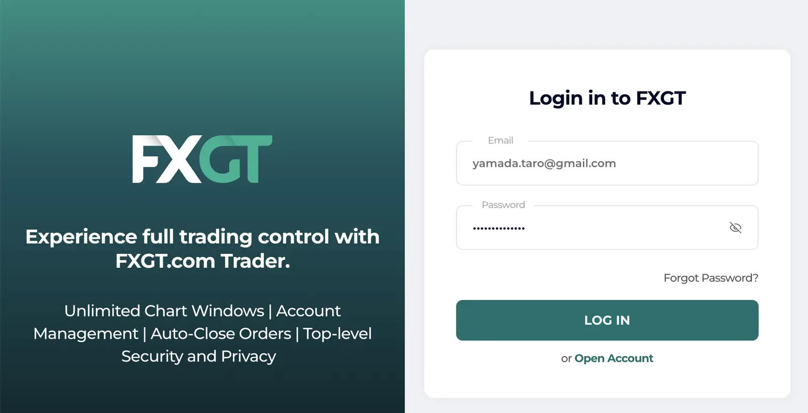 FXGT Traderのログイン画面