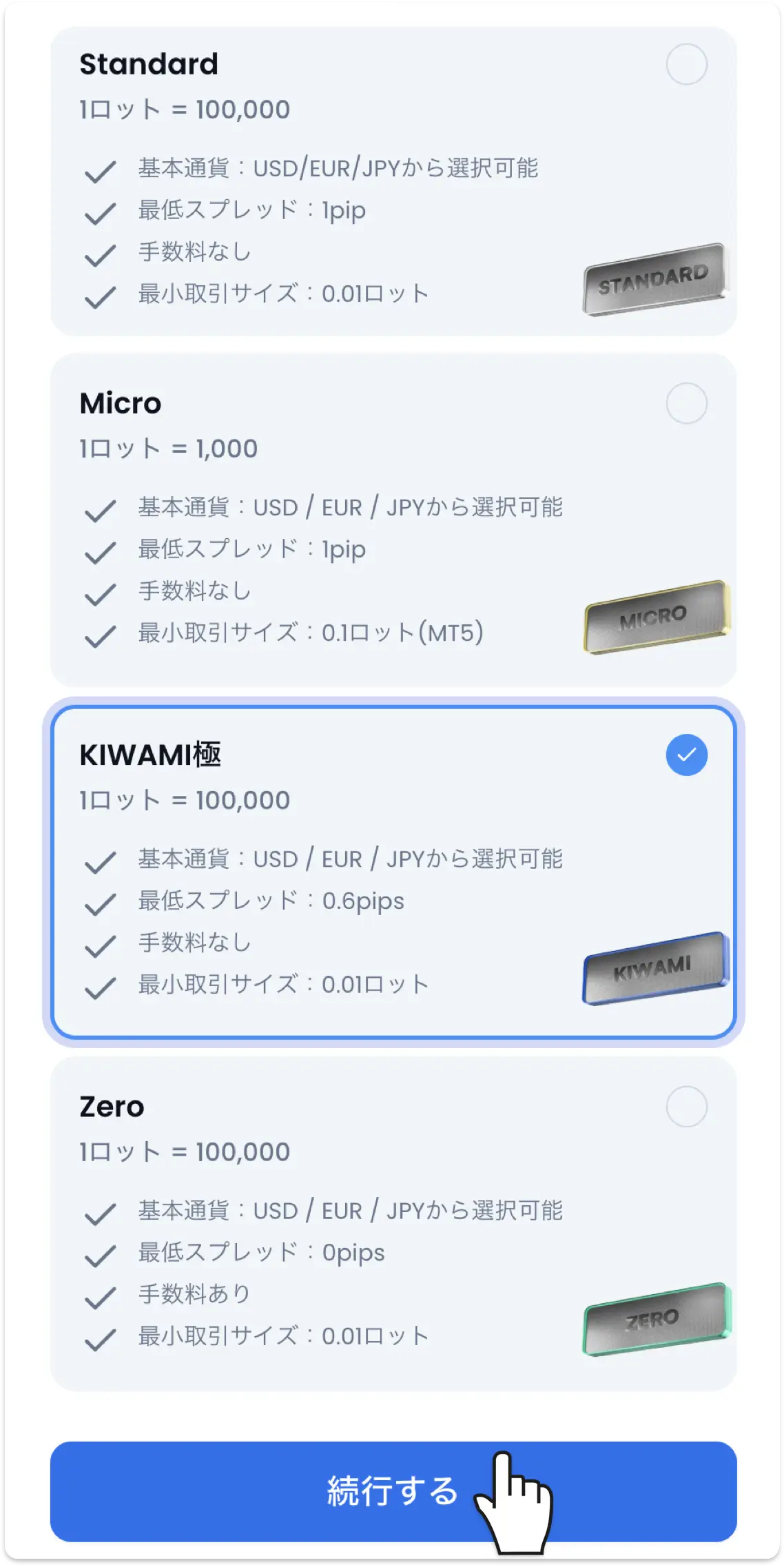 XMの口座タイプ選択画面。Standard・Micro=最低スプレッド1pip、KIWAMI極=0.6pips、Zero=0pips(手数料あり)と表示されている