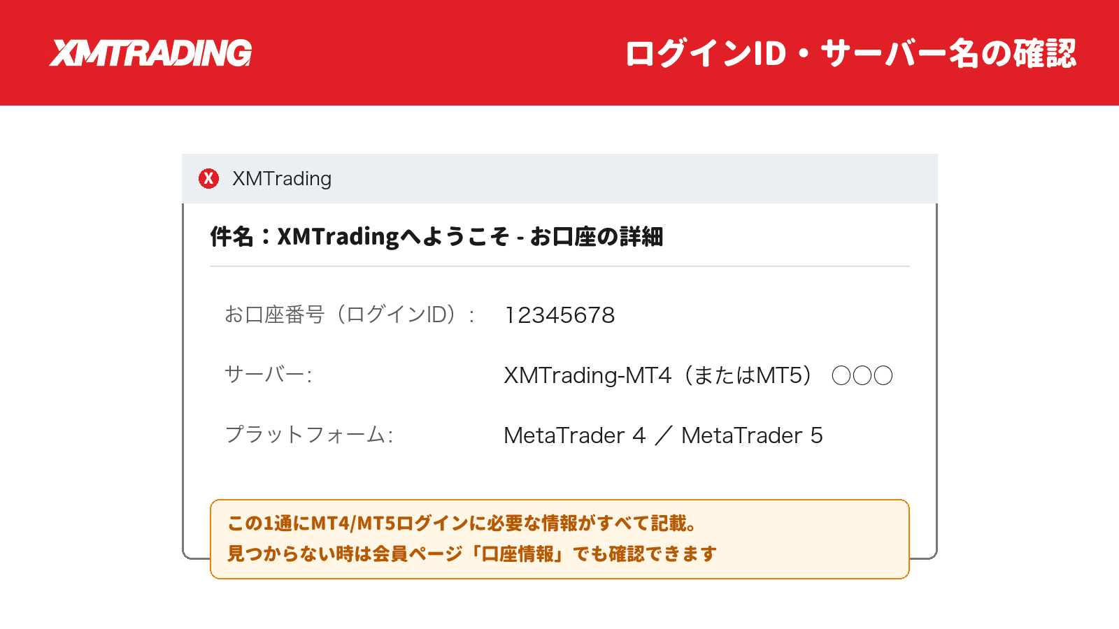 「XMTradingへようこそ - お口座の詳細」メールでログインID・サーバー名を確認