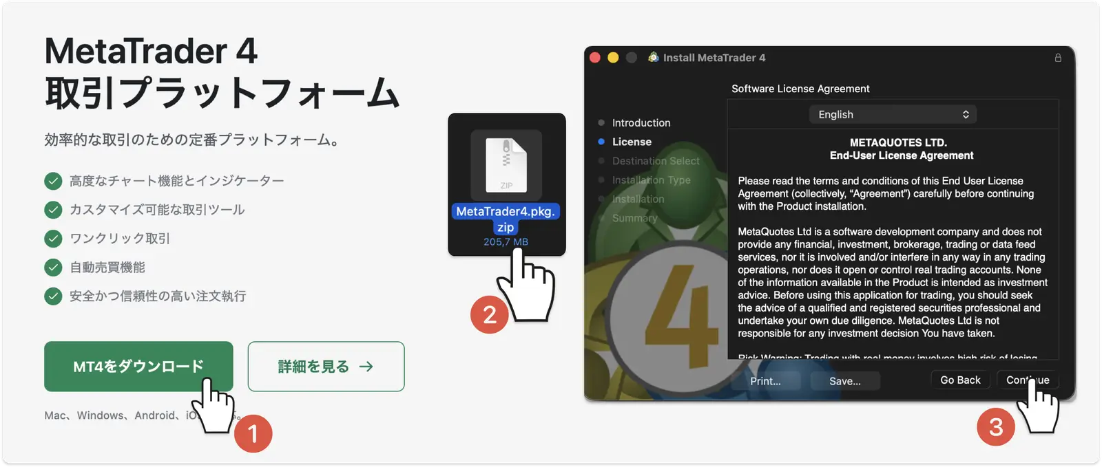 XM公式サイトのMT4ダウンロードページ。ダウンロードボタンからXMTrading用インストーラーを取得する