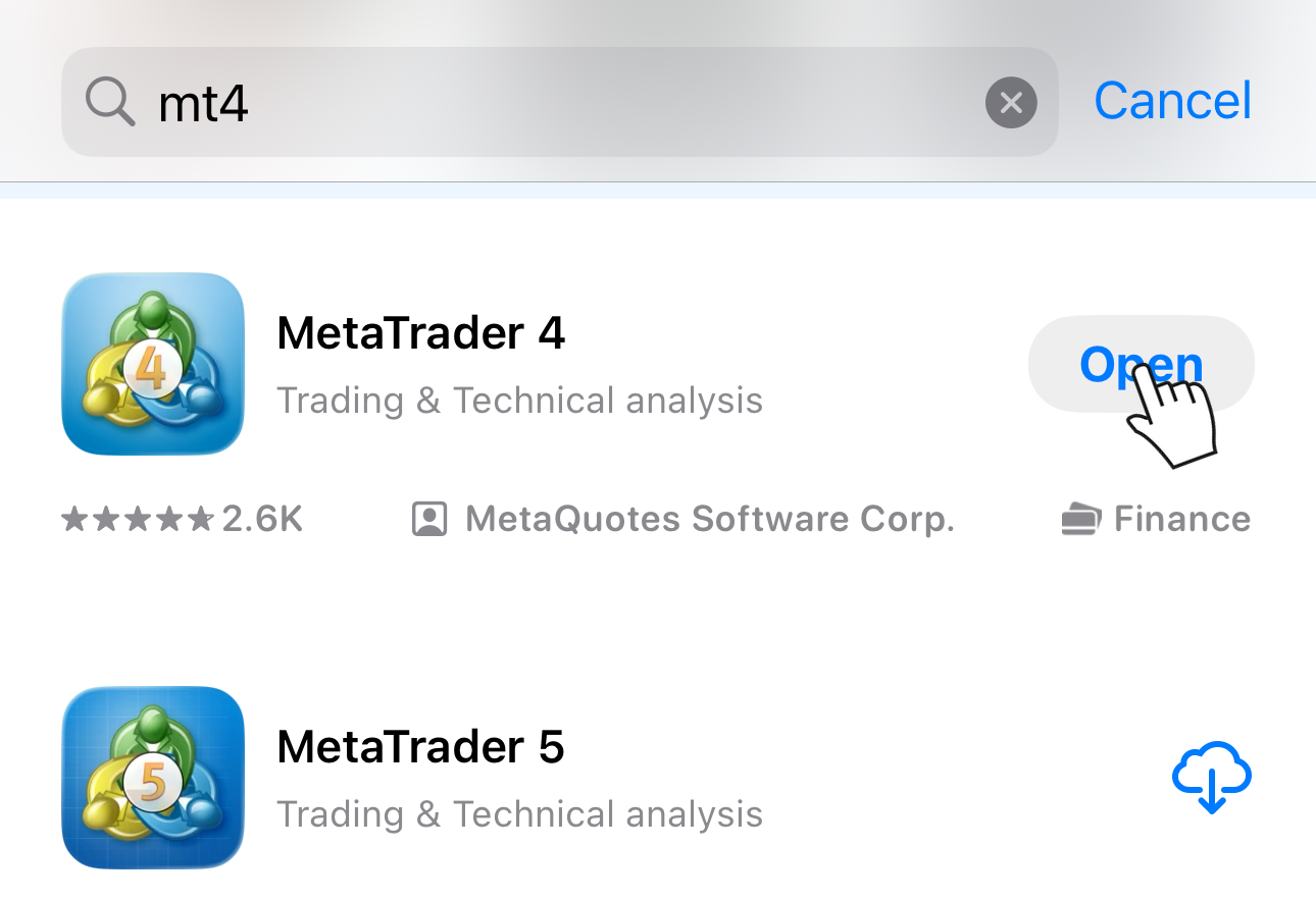 App Storeで「mt4」と検索してMetaTrader 4アプリをインストール