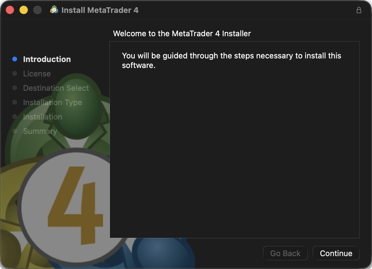 Mac版MT4のインストーラー画面。「続ける(Continue)」で進める