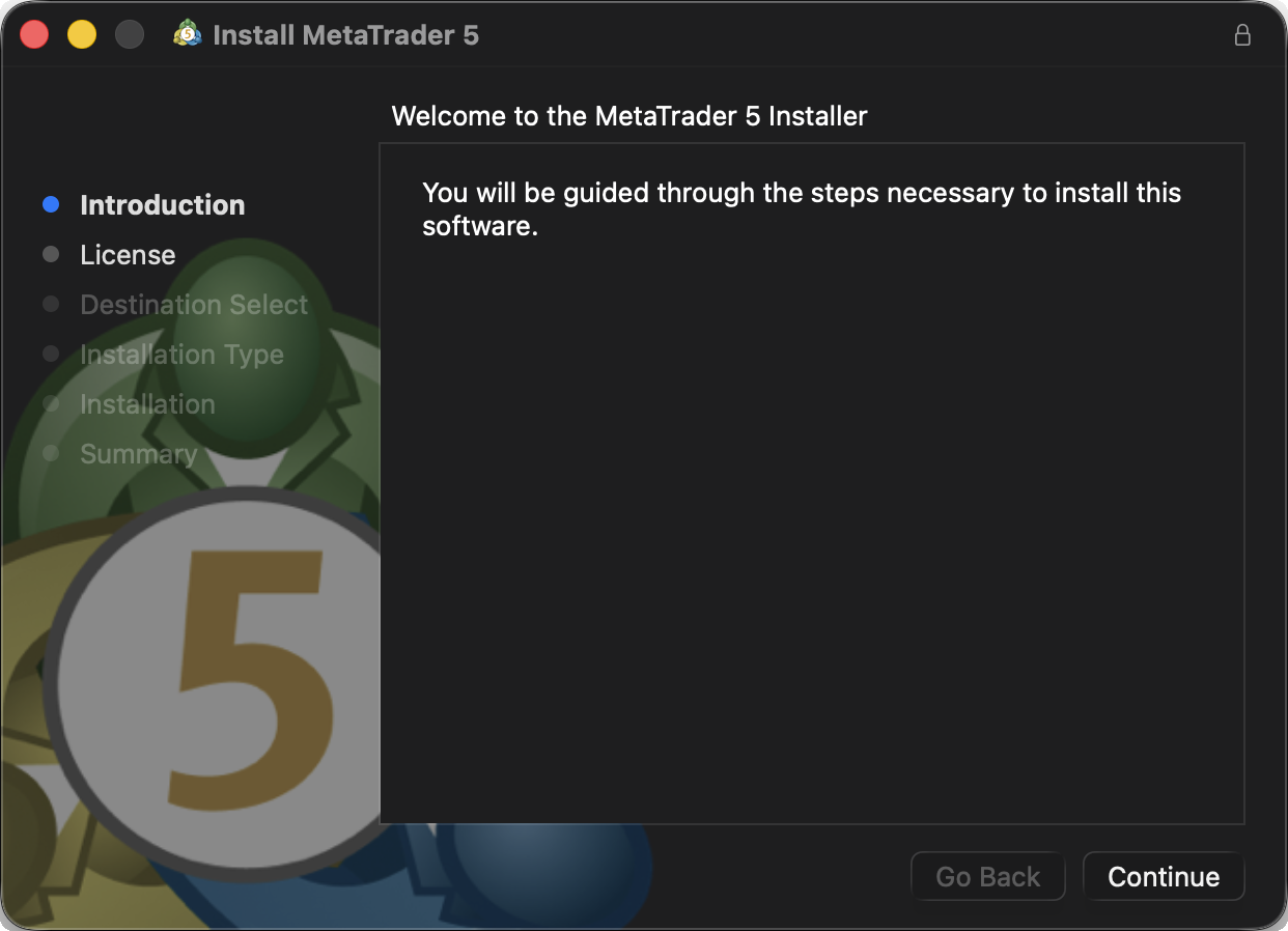 Mac版MT5のインストーラー画面。「続ける(Continue)」で進める